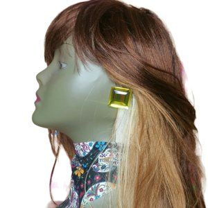 Bright Yellow Square Gemstone Pierced Earrings